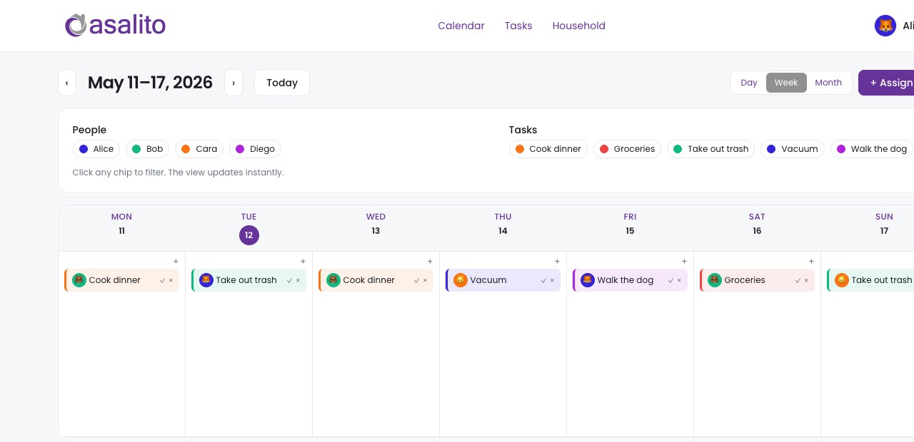 Calendar week view showing assigned tasks per person
